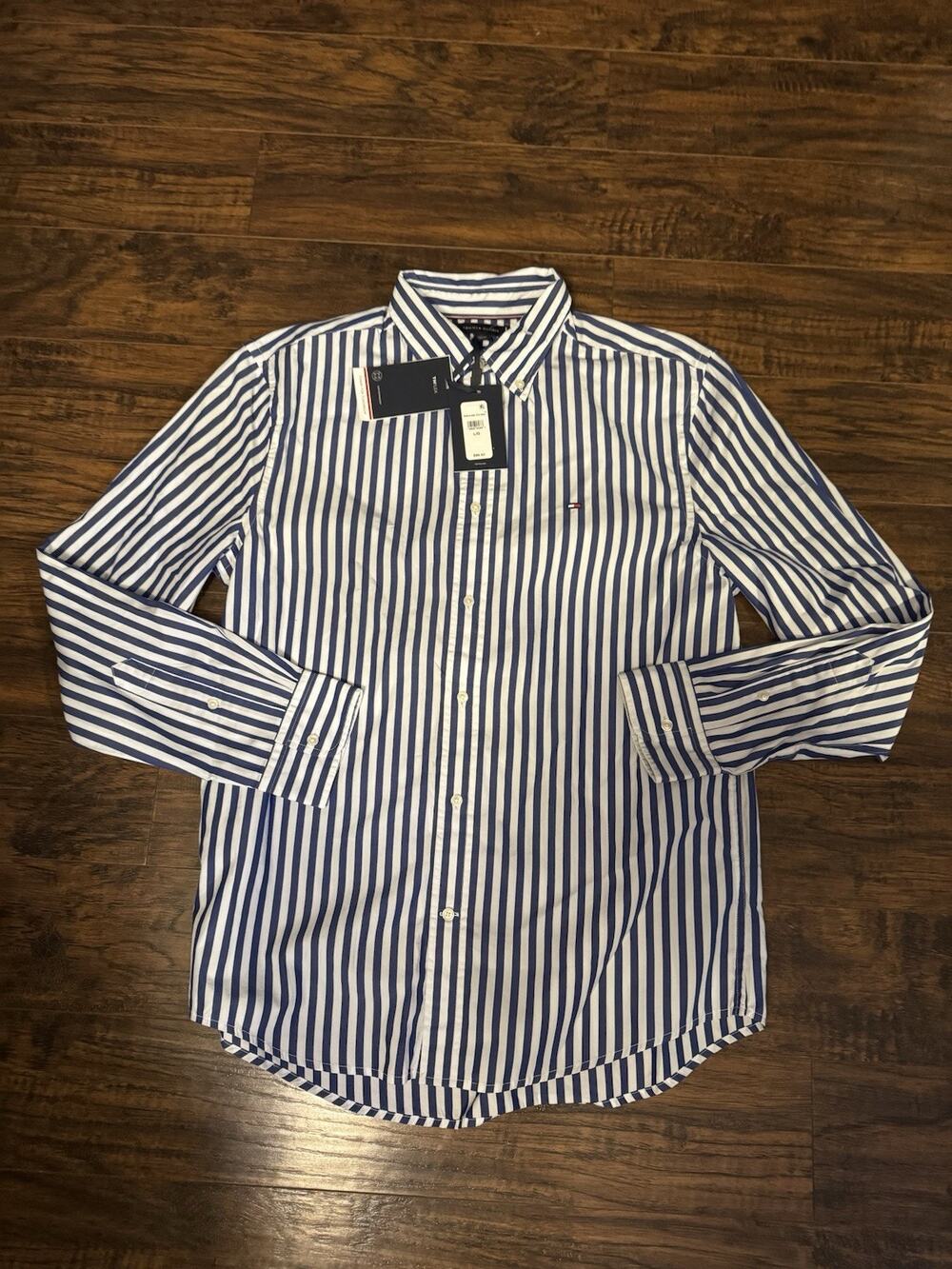 TOMMY HILFIGER Men's L Blue/White Stitched TH Logo Long Sleeve Shirt RETAIL $89